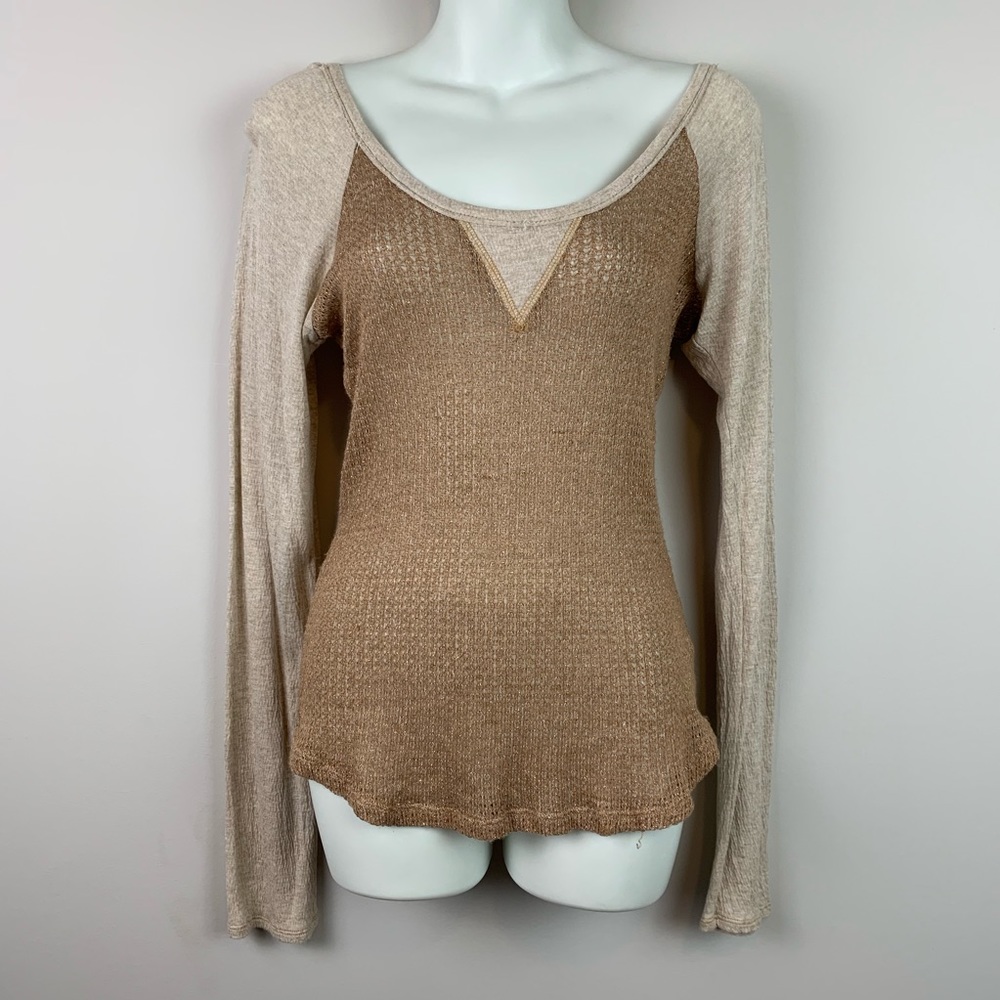 Miss Me Thermal Long Sleeve Shirt Small Tan